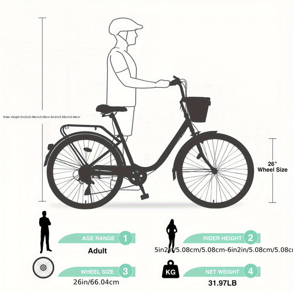 26 Inch Cruiser Bike for Adult, 7 Speeds City Bicycle with Front Basket, Rear Rack, for Women, Female