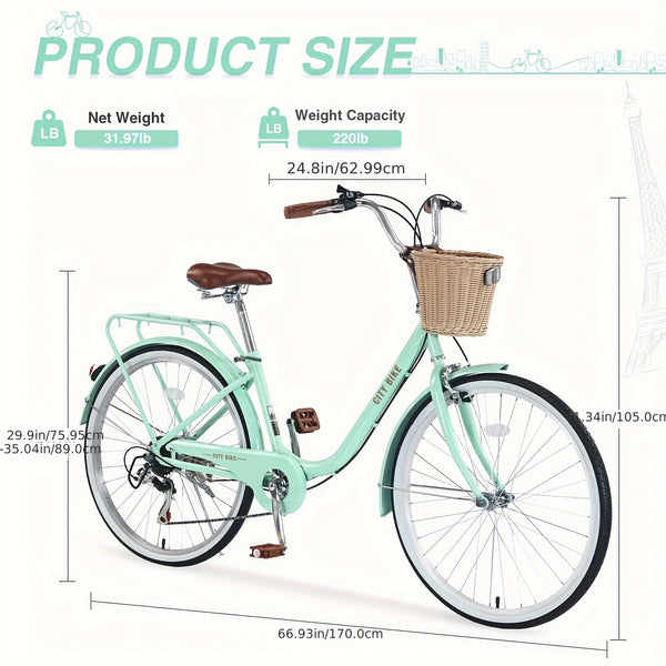 26 Inch Cruiser Bike for Adult, 7 Speeds City Bicycle with Front Basket, Rear Rack, for Women, Female