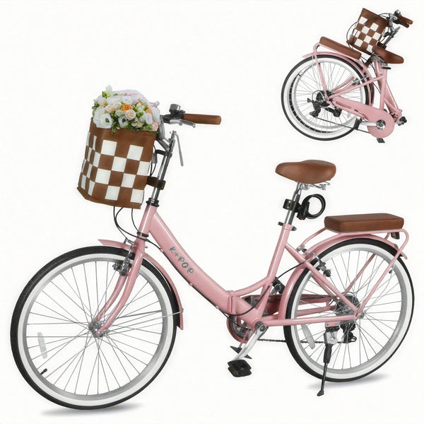 24-Inch Unisex Adult Bike with Front Basket & Lock, 7-Speed Aluminum City Bike, Low-Step Frame