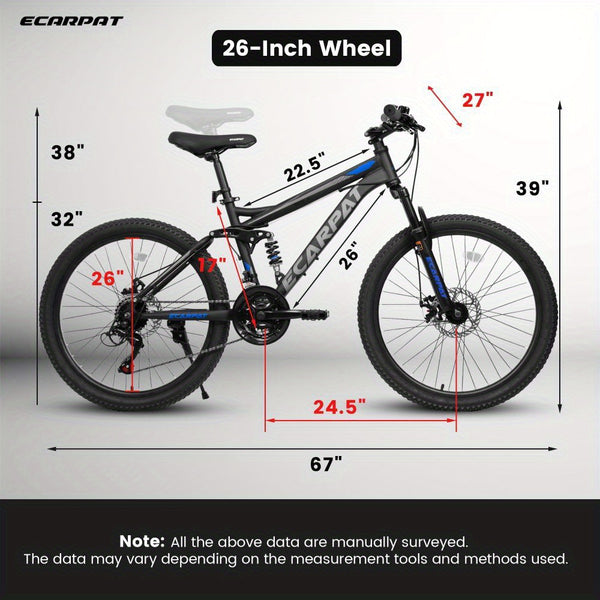 Mountain Bike for Men & Women, 26 Inch Wheels 21-Speed Full Suspension, Carbon Steel Frame, Disc Brakes