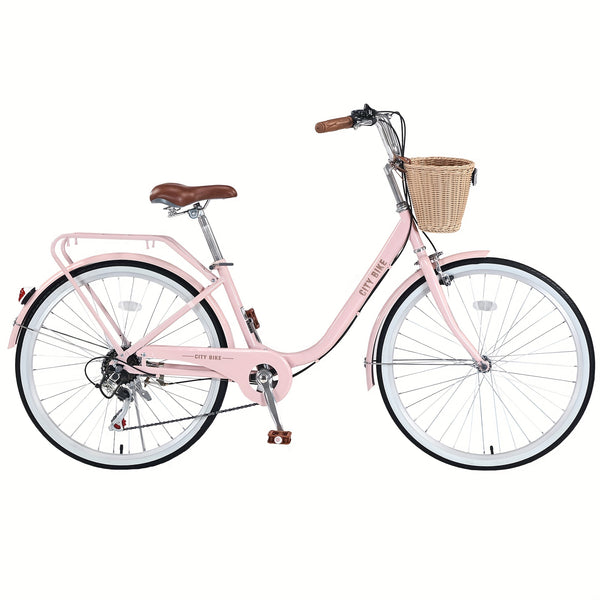 26 Inch Cruiser Bike for Adult, 7 Speeds City Bicycle with Front Basket, Rear Rack, for Women, Female