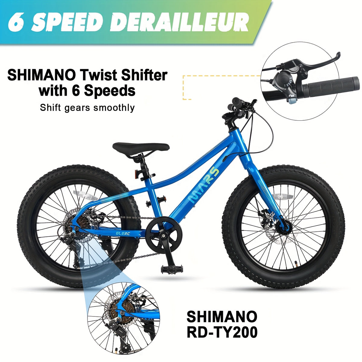 Mars 20 24 Inch Mountain Bike, 2.8-Inch Wide Tires, 6 Speed Drivetrain, Disc Brakes