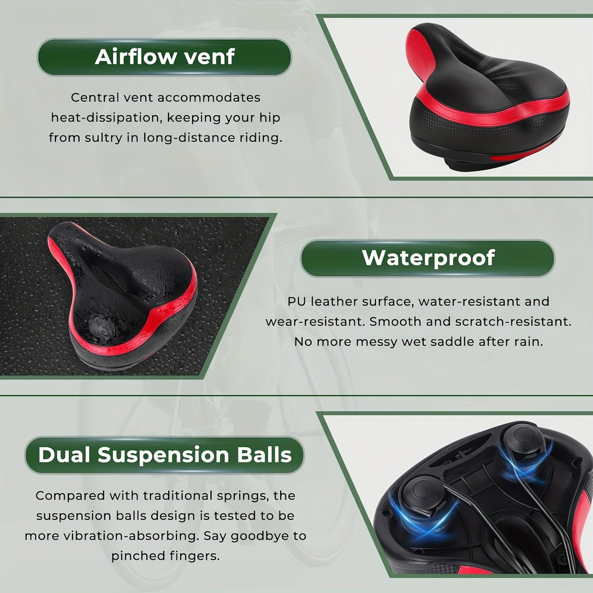 1pc Ergonomic Bike with Double Shock-Absorbing Balls & Memory Foam - Wide Design, & Black Dual-Pad System