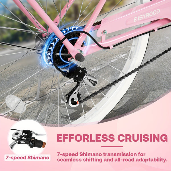 26-inch Urban Beach Bike, Bike With Basket, 7-speed Hybrid Commuter Bike With Cushioning, V-brakes