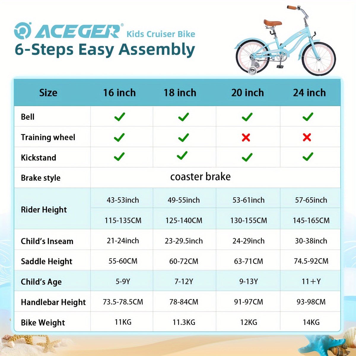 ACEGER Girls Cruiser Bike - Pastel Pink, Girls Bicycle with Dual brakes (16\