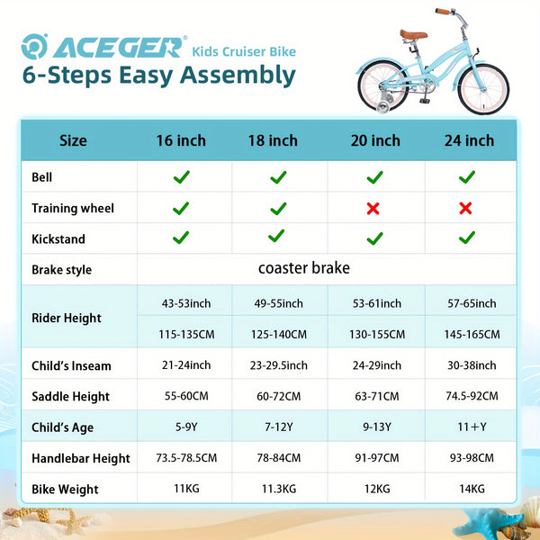 ACEGER Girls Cruiser Bike - Pastel Pink, Girls Bicycle with Dual brakes (16\