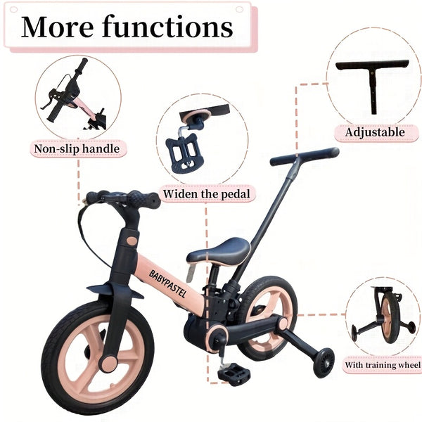 Pink 6-in-1 Balance Bike for Kids - Carbon Fiber Wheels, No Brakes Needed, Lightweight & Durable Design