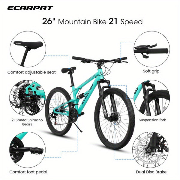 21-Speed Full Suspension Mountain Bike with Front\u002FRear Disc Brakes, 26\