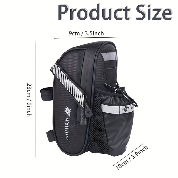 Large Capacity High Quality Bike Saddle Bag with Reflective Strips, Adjustable Strap & Mesh Pocket - Black