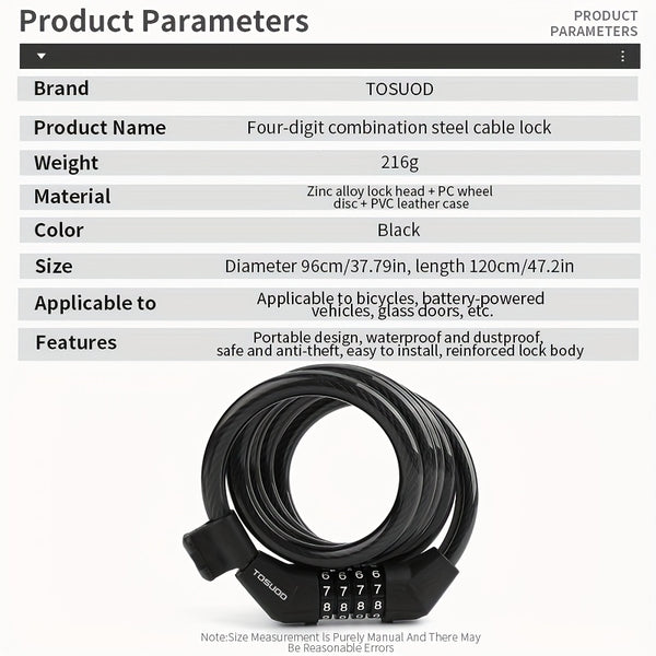 TOSUOD Anti-Theft 4-Digit Code Lock Bike Lock - Heavy-Duty Aluminum Alloy Chain Lock with 4-Digit Combination