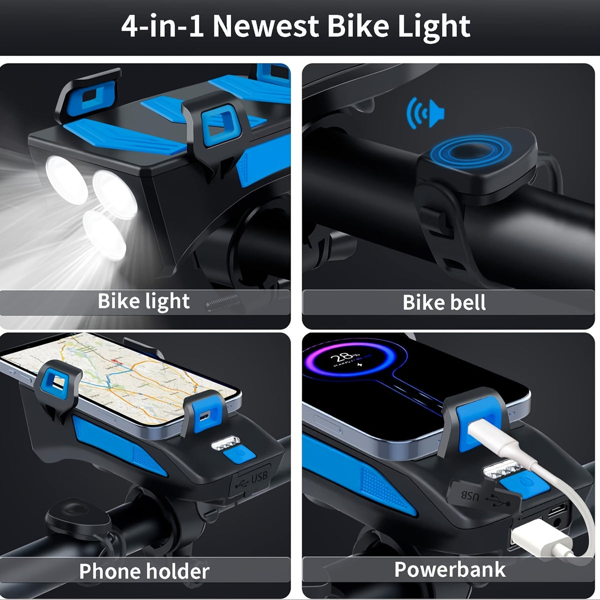USB Rechargeable Bike Light Set - 3 LEDs, Front & Rear Lights, Power Bank, Horn