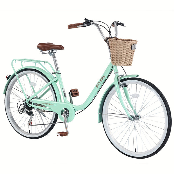 26 Inch Cruiser Bike for Adult, 7 Speeds City Bicycle with Front Basket, Rear Rack, for Women, Female