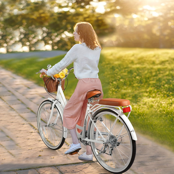 26-inch Adult Hybrid Commuter Bike with Basket - 7-Speed Bicycle