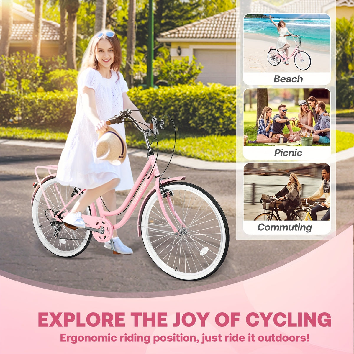 26-inch Urban Beach Bike, Bike With Basket, 7-speed Hybrid Commuter Bike With Cushioning, V-brakes